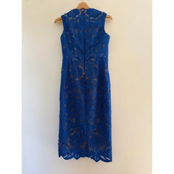 DRESS THE POPULATION Jayleen Electric Blue Lace Midi Cocktail Dress size S EUC - Picture 7 of 9